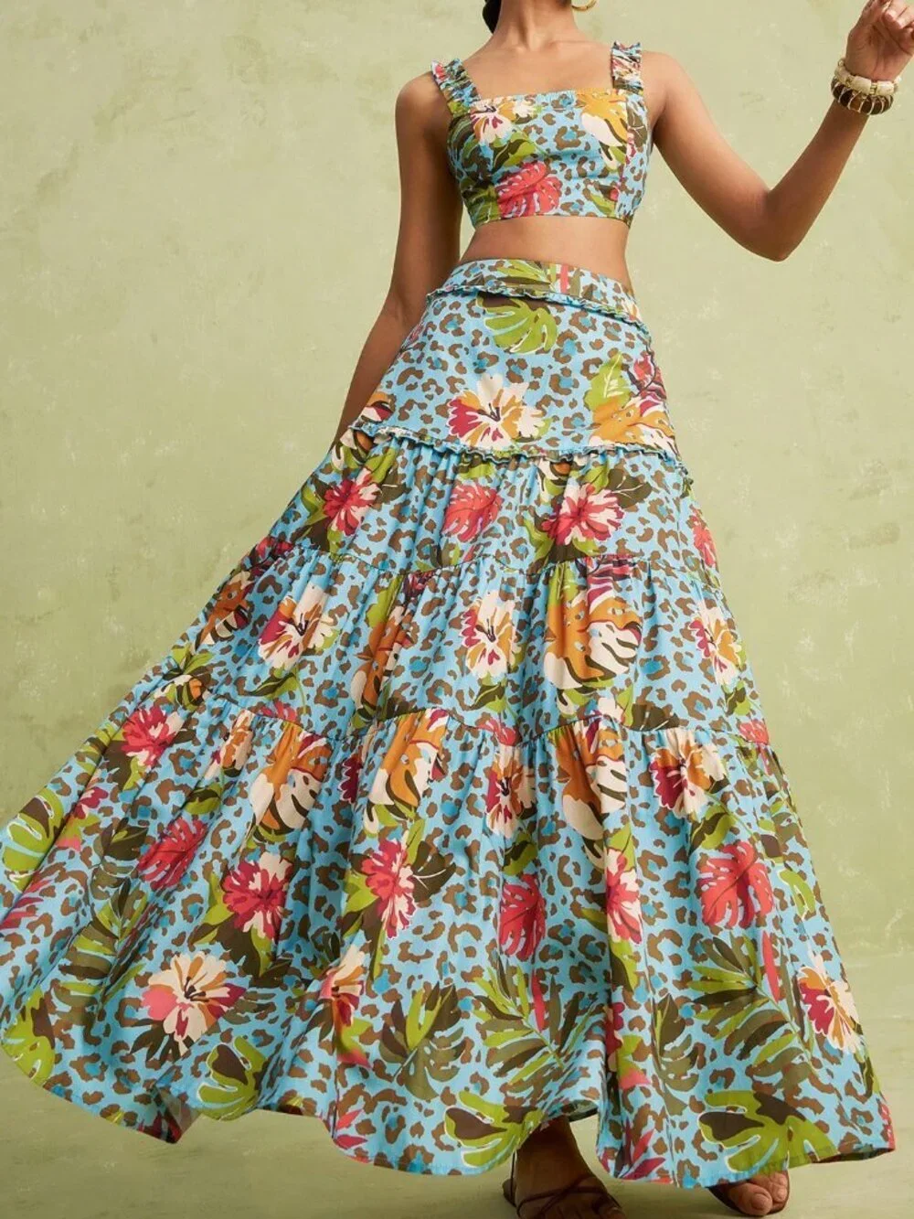 Multicolor Boho Women's Tropical Leopard Floral Cami Crop Top & Skirt Set